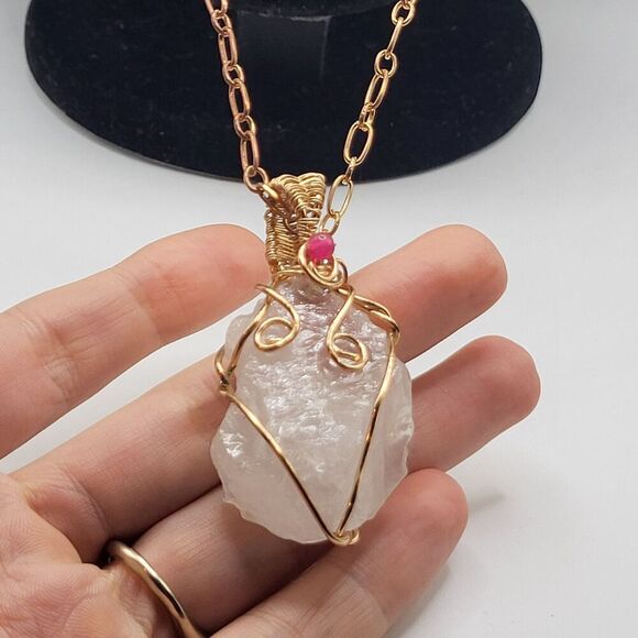 Bohemian Festival Gold Wire Wrapped Crystal Chunky Pendant Necklace 24in - Picture 1 of 4